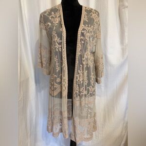 Miss Chievous tan short sleeve lace open front long cardigan size S/M